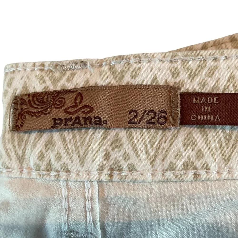 Prana Womens Beige Geometric Patterned Denim Pants Sz 2 waist 26 Cotton Blend